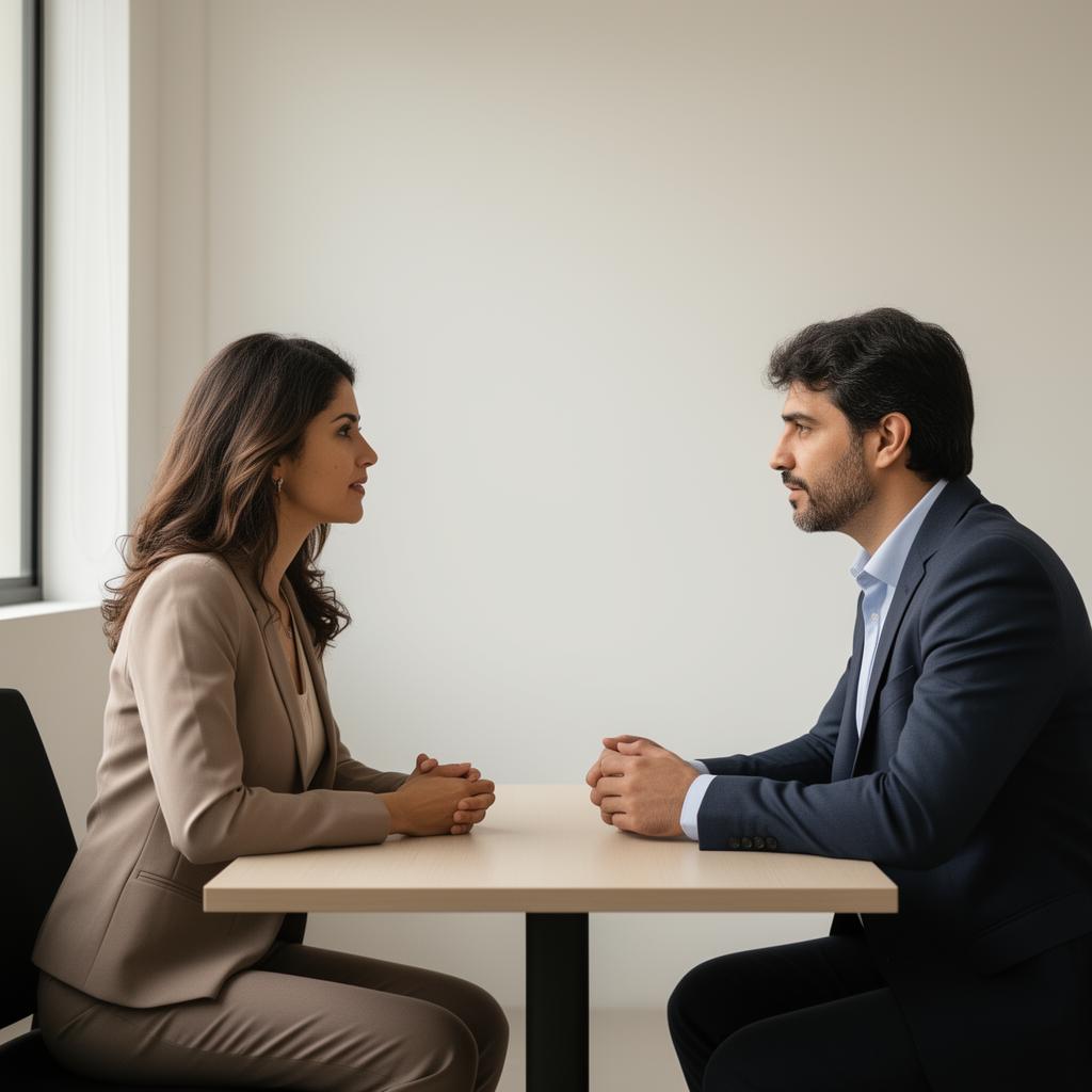 Dois colegas em conversa tranquila em uma sala iluminada